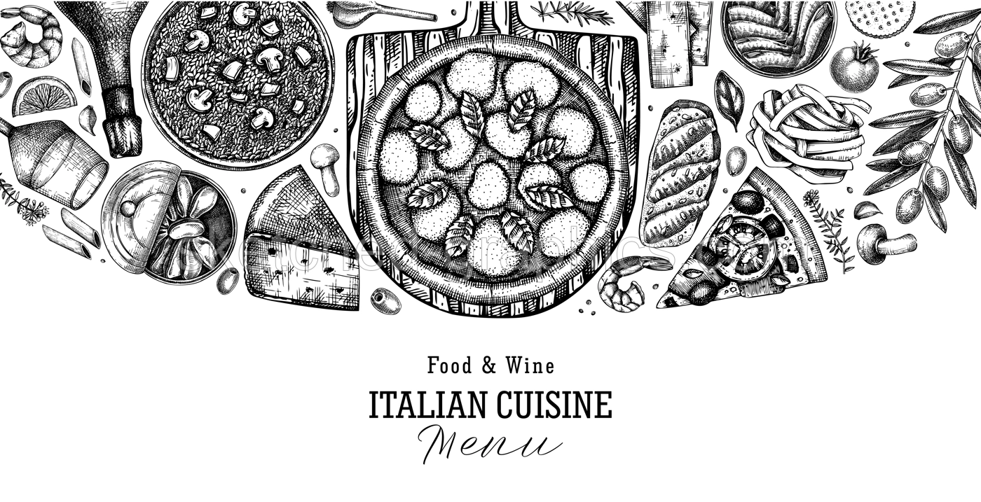 Hand drawn pizza, pasta and risotto vector background. Italian cuisine border. Mediterranean food ingredients - cheese, olives, canape, tinned fish. Trendy menu design template Illustration